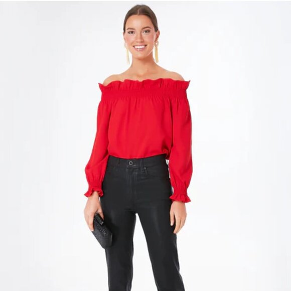 Tuckernuck Marguerite Off The Shoulder Blouse Red Smocked Ruffled Romantic Small - Picture 12 of 12